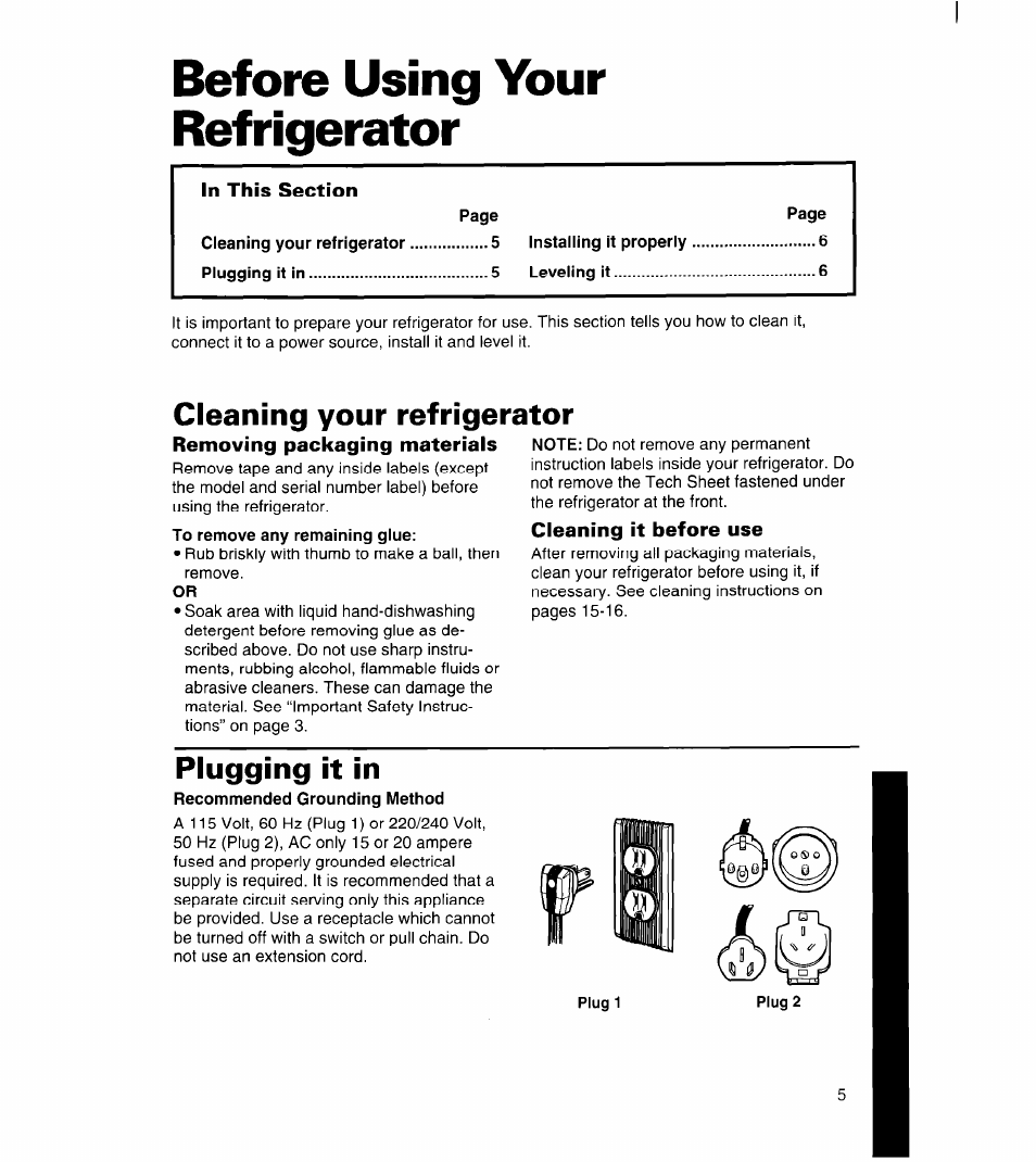 Before using your refrigerator, Cleaning your refrigerator, Removing packaging materials | Plugging it in | Whirlpool 3ET16NK User Manual | Page 6 / 26