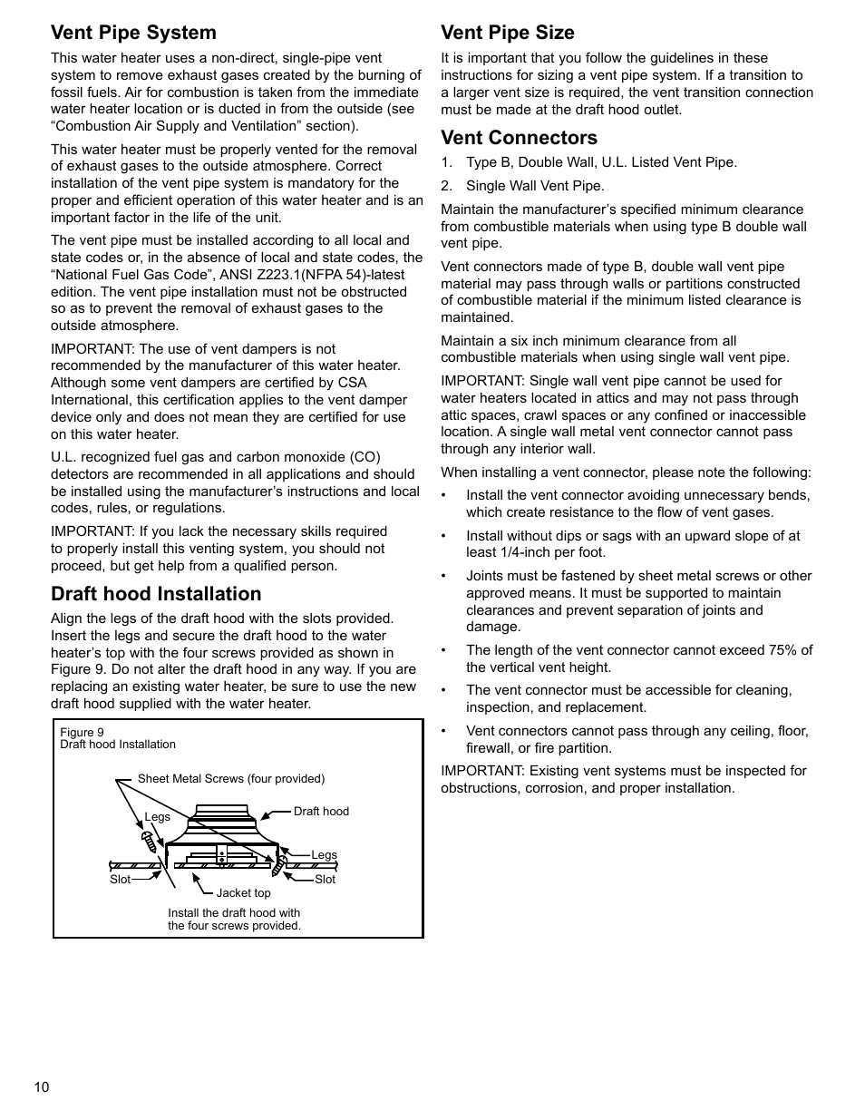 Vent pipe system, Draft hood installation, Vent pipe size | Vent connectors | Whirlpool UG1H5040T3NOV User Manual | Page 10 / 29