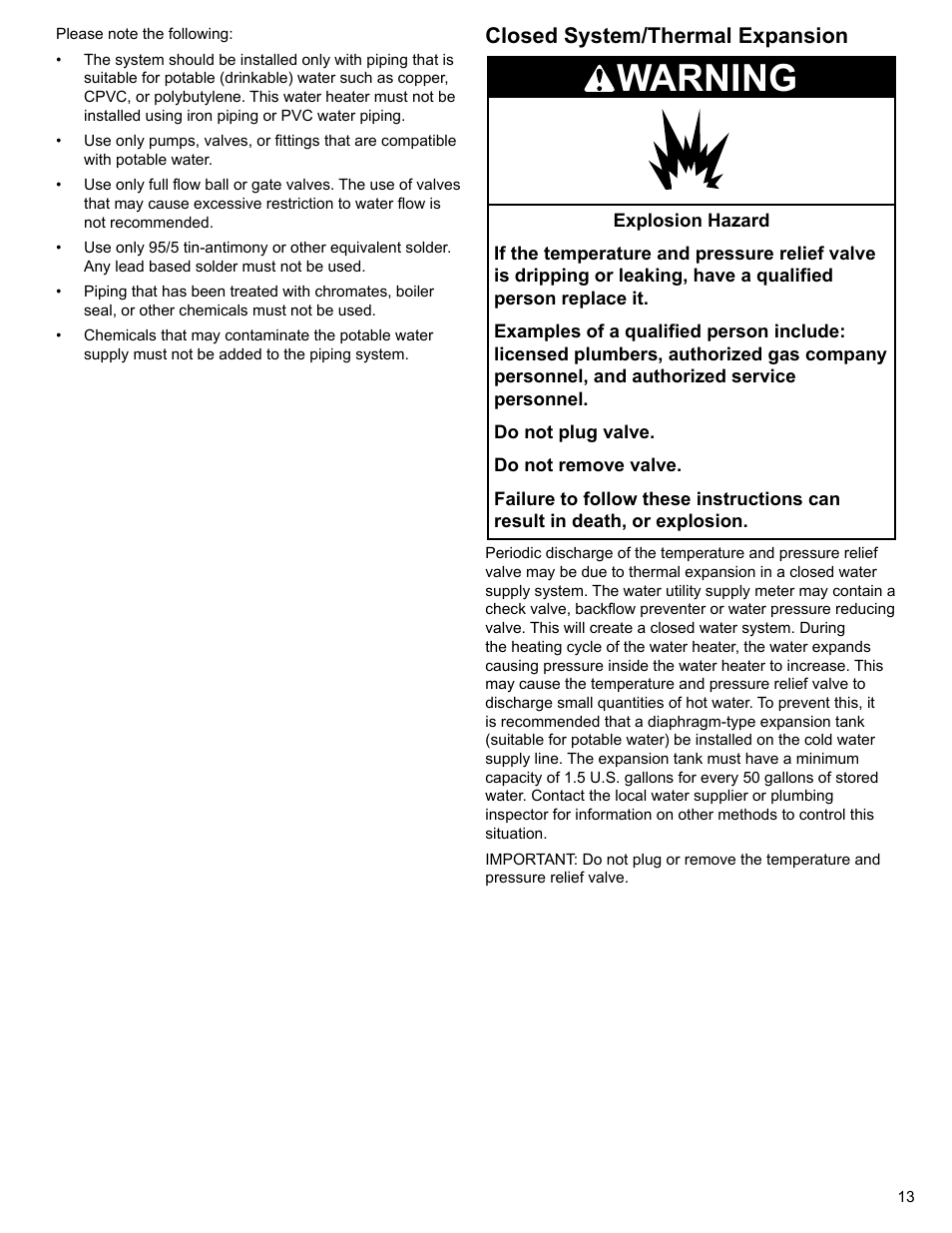 Warning, Closed system/thermal expansion | Whirlpool UG1H5040T3NOV User Manual | Page 13 / 29