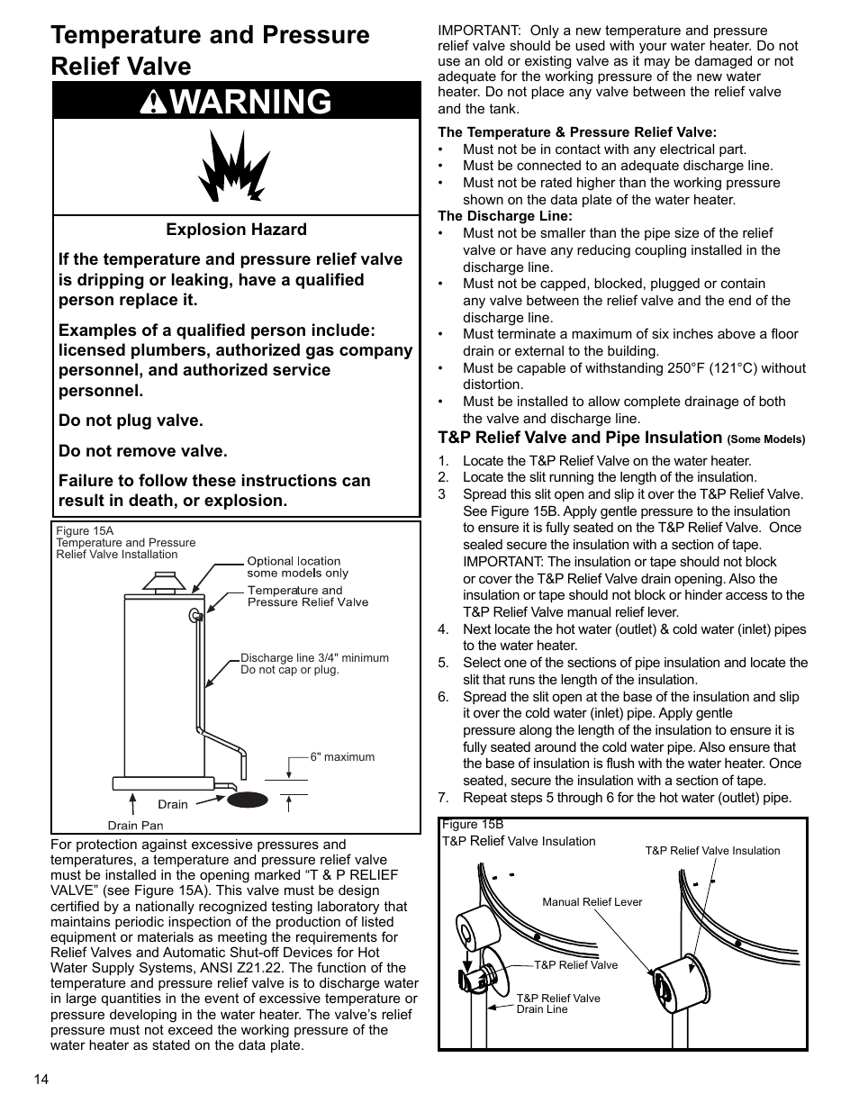 Warning, Temperature and pressure relief valve | Whirlpool UG1H5040T3NOV User Manual | Page 14 / 29