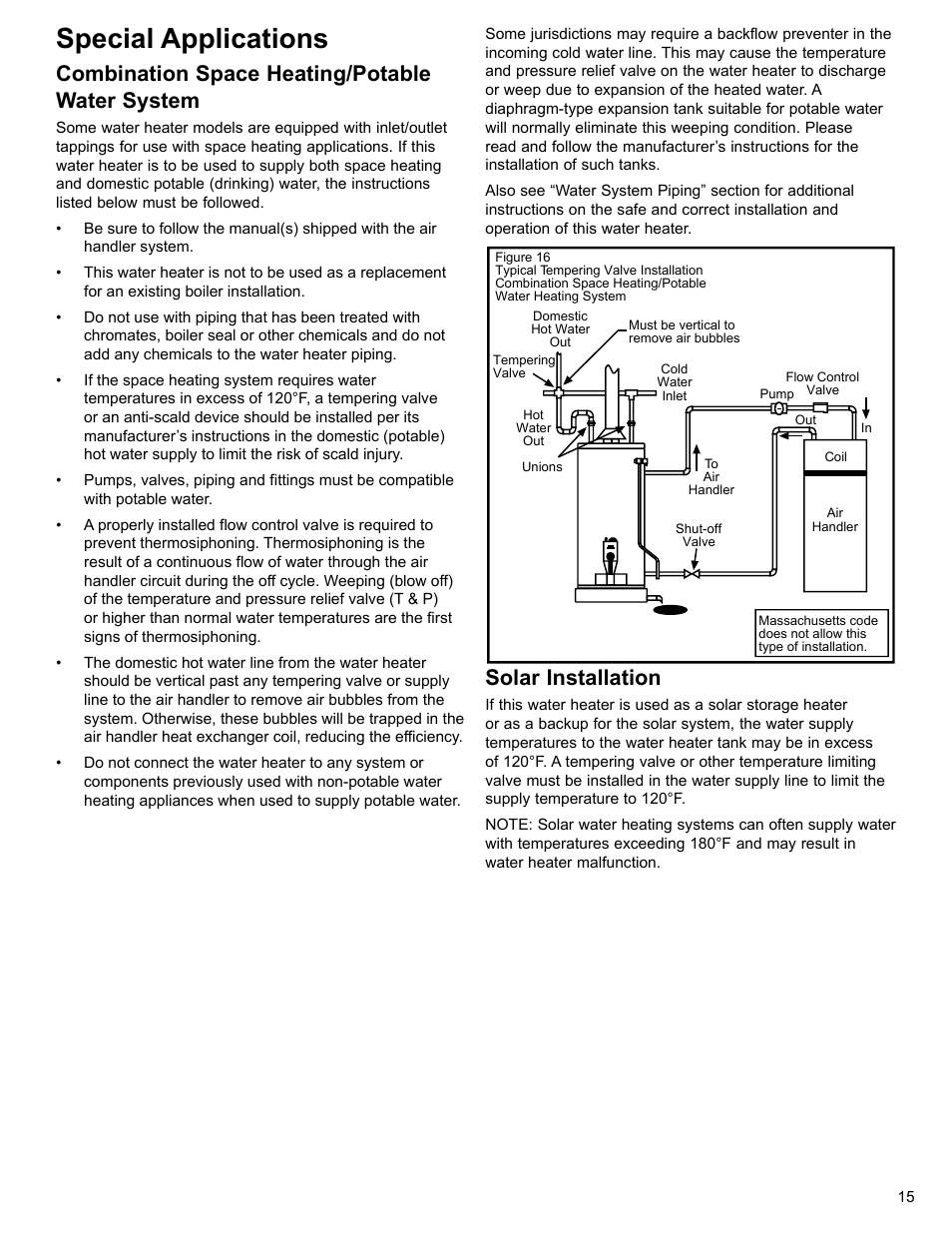 Special applications, Combination space heating/potable water system, Solar installation | Whirlpool UG1H5040T3NOV User Manual | Page 15 / 29