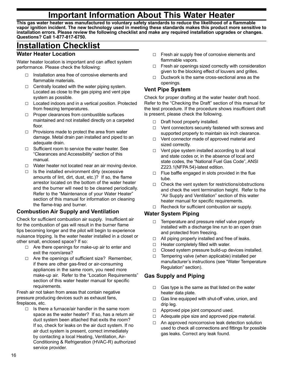 Important information about this water heater, Installation checklist | Whirlpool UG1H5040T3NOV User Manual | Page 16 / 29