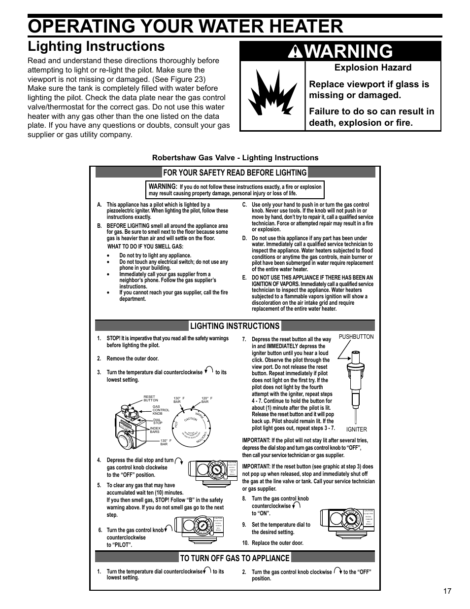 Operating your water heater, Lighting instructions, Warning | Robertshaw gas valve - lighting instructions | Whirlpool UG1H5040T3NOV User Manual | Page 17 / 29