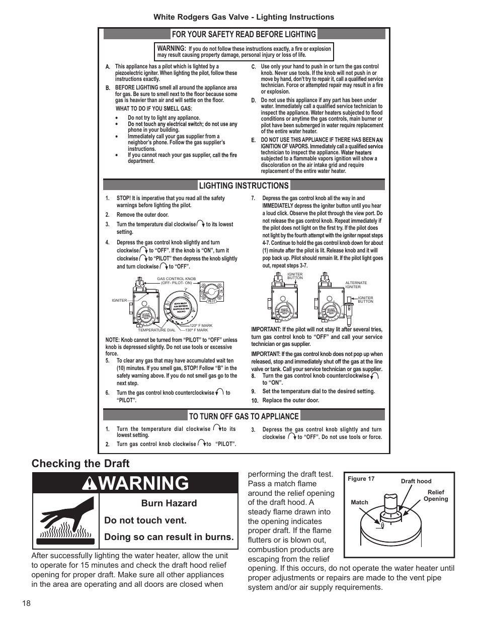 Warning, Checking the draft, Lighting instructions | Whirlpool UG1H5040T3NOV User Manual | Page 18 / 29