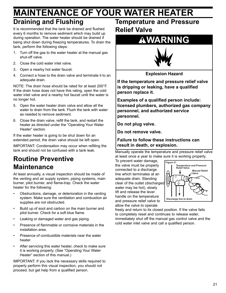 Maintenance of your water heater, Warning, Draining and flushing | Routine preventive maintenance, Temperature and pressure relief valve | Whirlpool UG1H5040T3NOV User Manual | Page 21 / 29