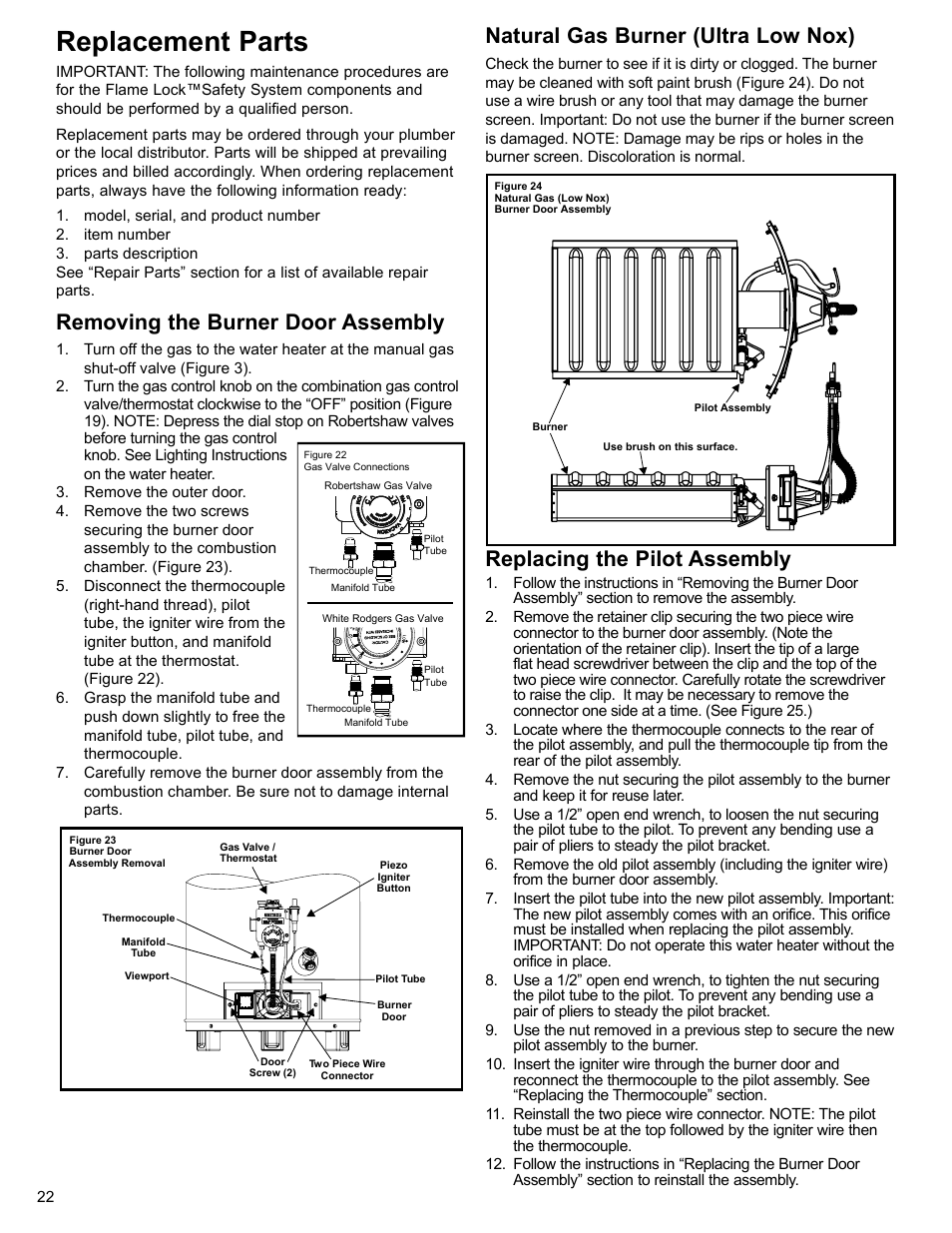Replacement parts, Removing the burner door assembly, Natural gas burner (ultra low nox) | Replacing the pilot assembly | Whirlpool UG1H5040T3NOV User Manual | Page 22 / 29