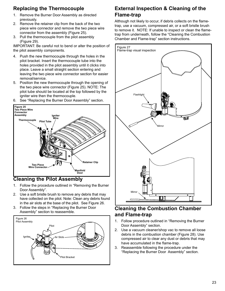 Replacing the thermocouple, Cleaning the combustion chamber and flame-trap, External inspection & cleaning of the flame-trap | Cleaning the pilot assembly | Whirlpool UG1H5040T3NOV User Manual | Page 23 / 29