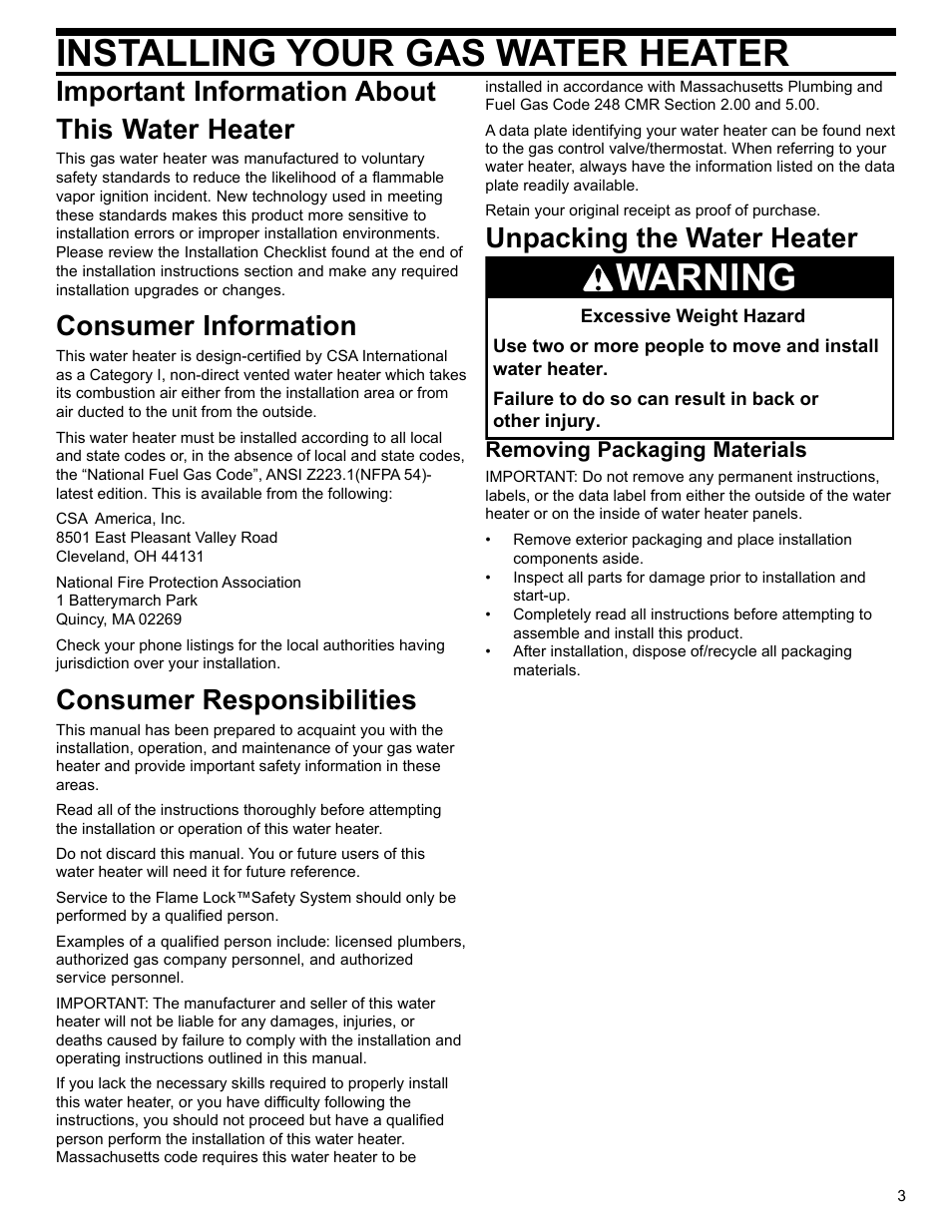 Installing your gas water heater, Warning, Important information about this water heater | Consumer information, Consumer responsibilities, Unpacking the water heater | Whirlpool UG1H5040T3NOV User Manual | Page 3 / 29