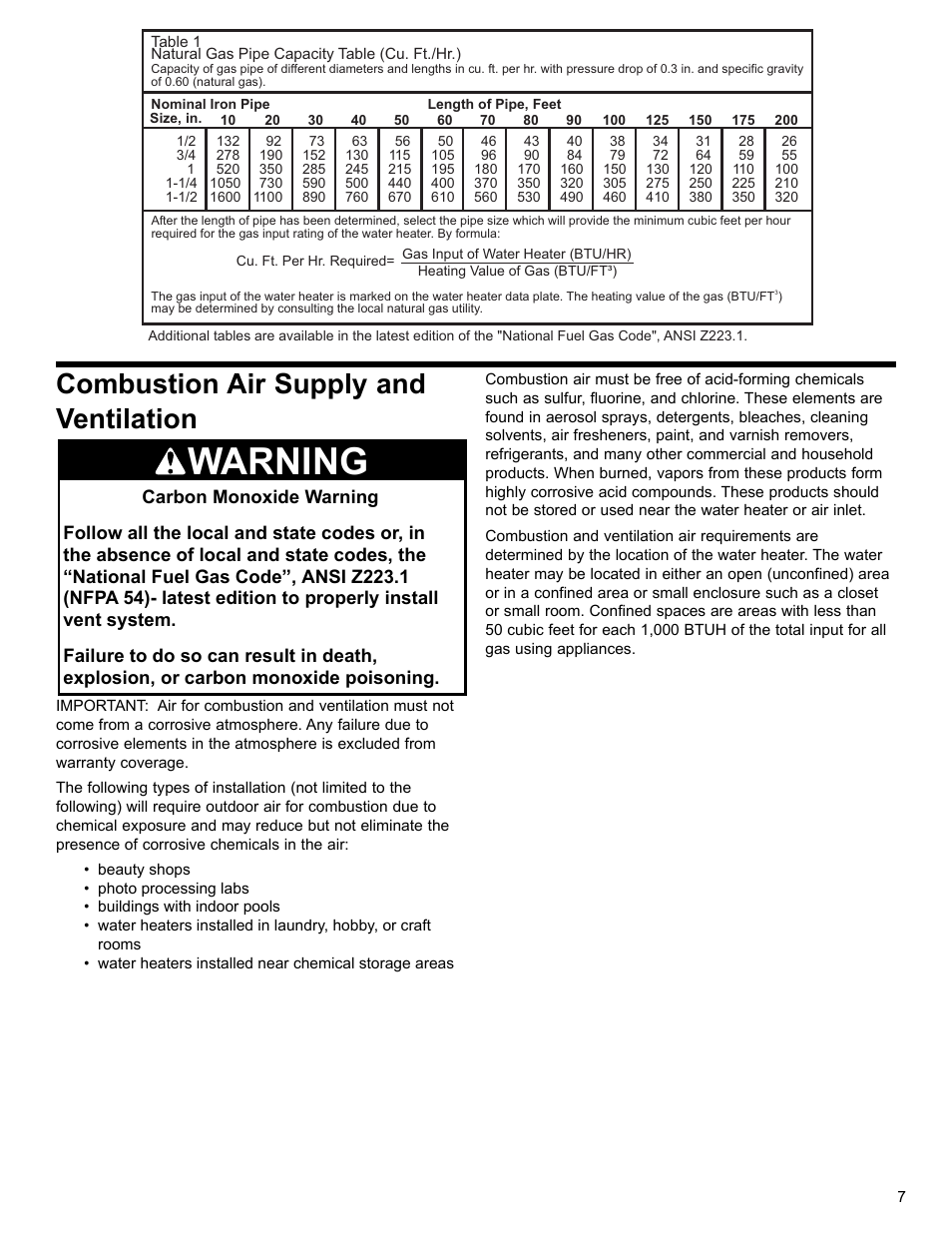 Warning, Combustion air supply and ventilation | Whirlpool UG1H5040T3NOV User Manual | Page 7 / 29