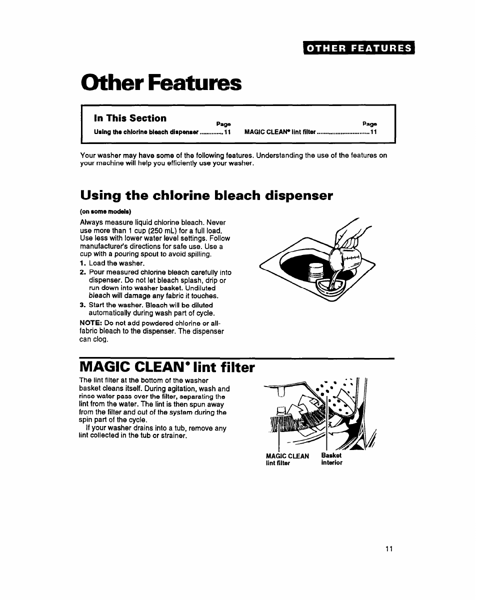 Other features, In this section, Using the chlorine bleach dispenser | Magic clean* lint filter | Whirlpool LSS7233AN0 User Manual | Page 11 / 24