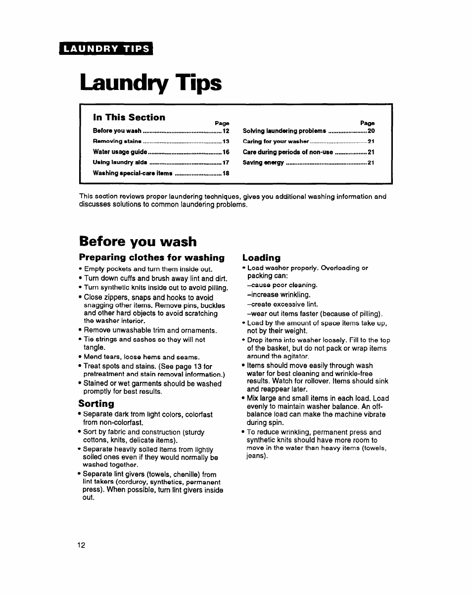 Laundry tips, Before you wash, Preparing clothes for washing | Sorting, Loading | Whirlpool LSS7233AN0 User Manual | Page 12 / 24