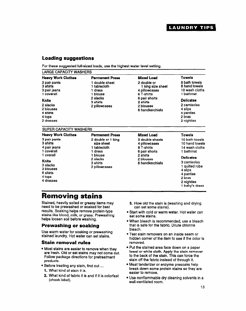 Removing stains, Prewashing or soaking, Stain removal rules | Loading suggestions | Whirlpool LSS7233AN0 User Manual | Page 13 / 24