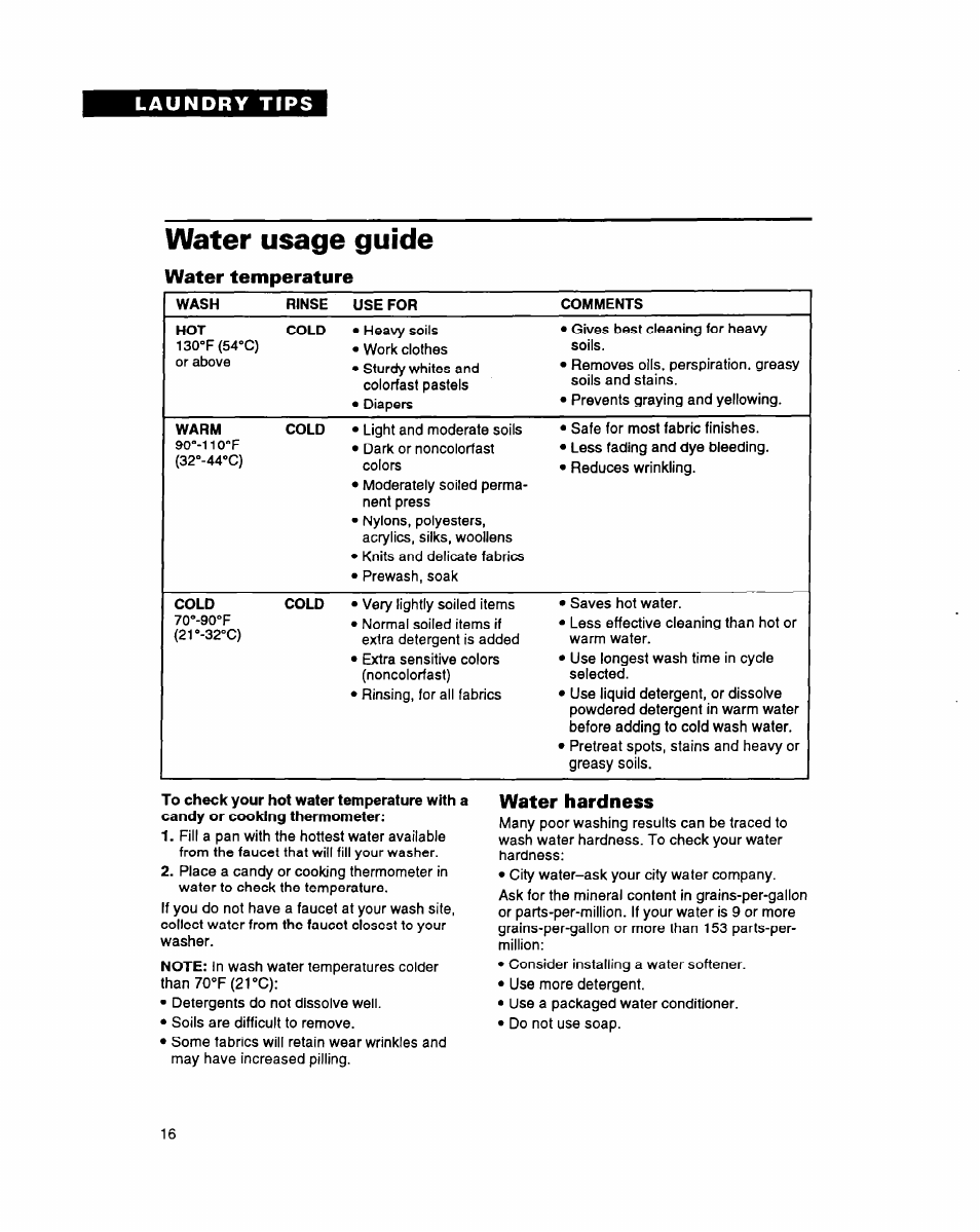 Water hardness, Water usage guide, Water temperature | Whirlpool LSS7233AN0 User Manual | Page 16 / 24