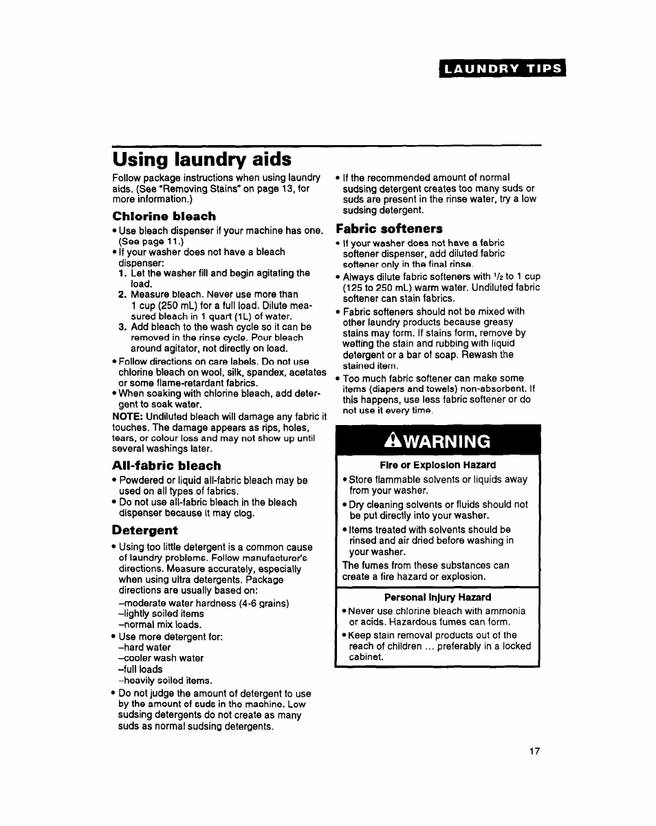 Using laundry aids, Chlorine bleach, All-fabric bleach | Detergent, Warning, Fabric softeners | Whirlpool LSS7233AN0 User Manual | Page 17 / 24