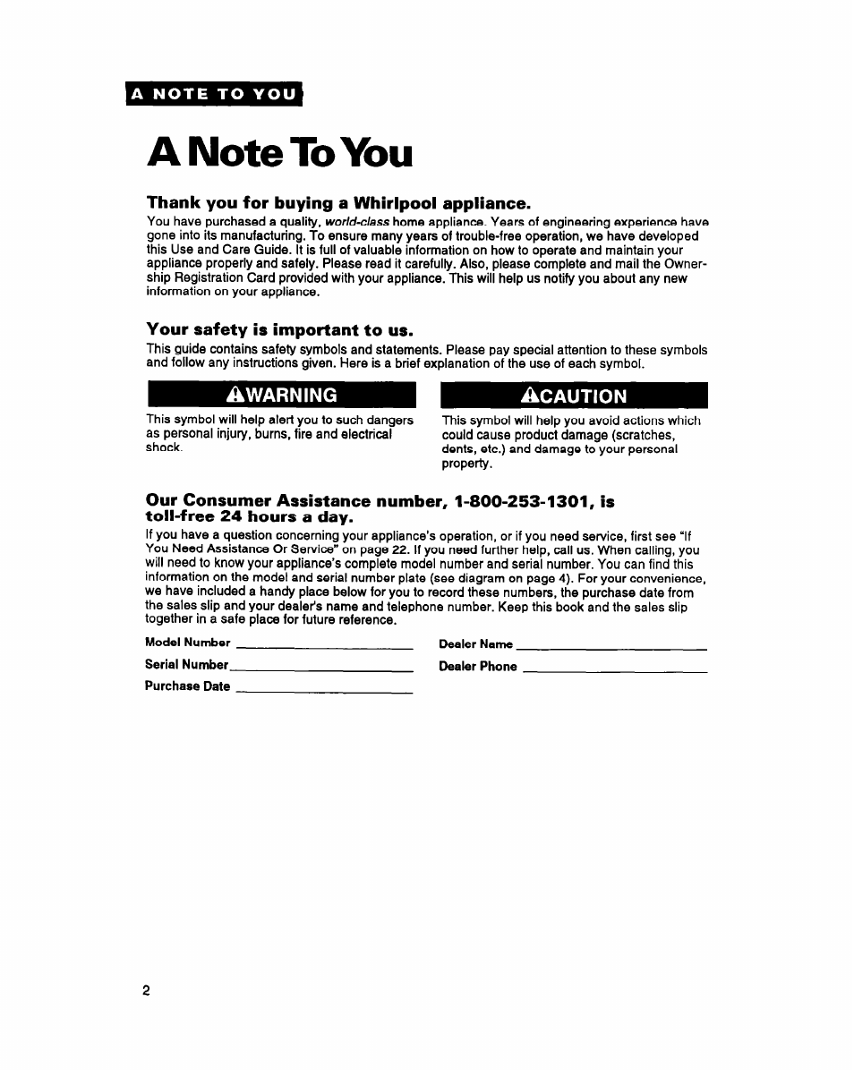 A note to you, Anoteto\bu, Thank you for buying a whirlpool appliance | Your safety is important to us | Whirlpool LSS7233AN0 User Manual | Page 2 / 24