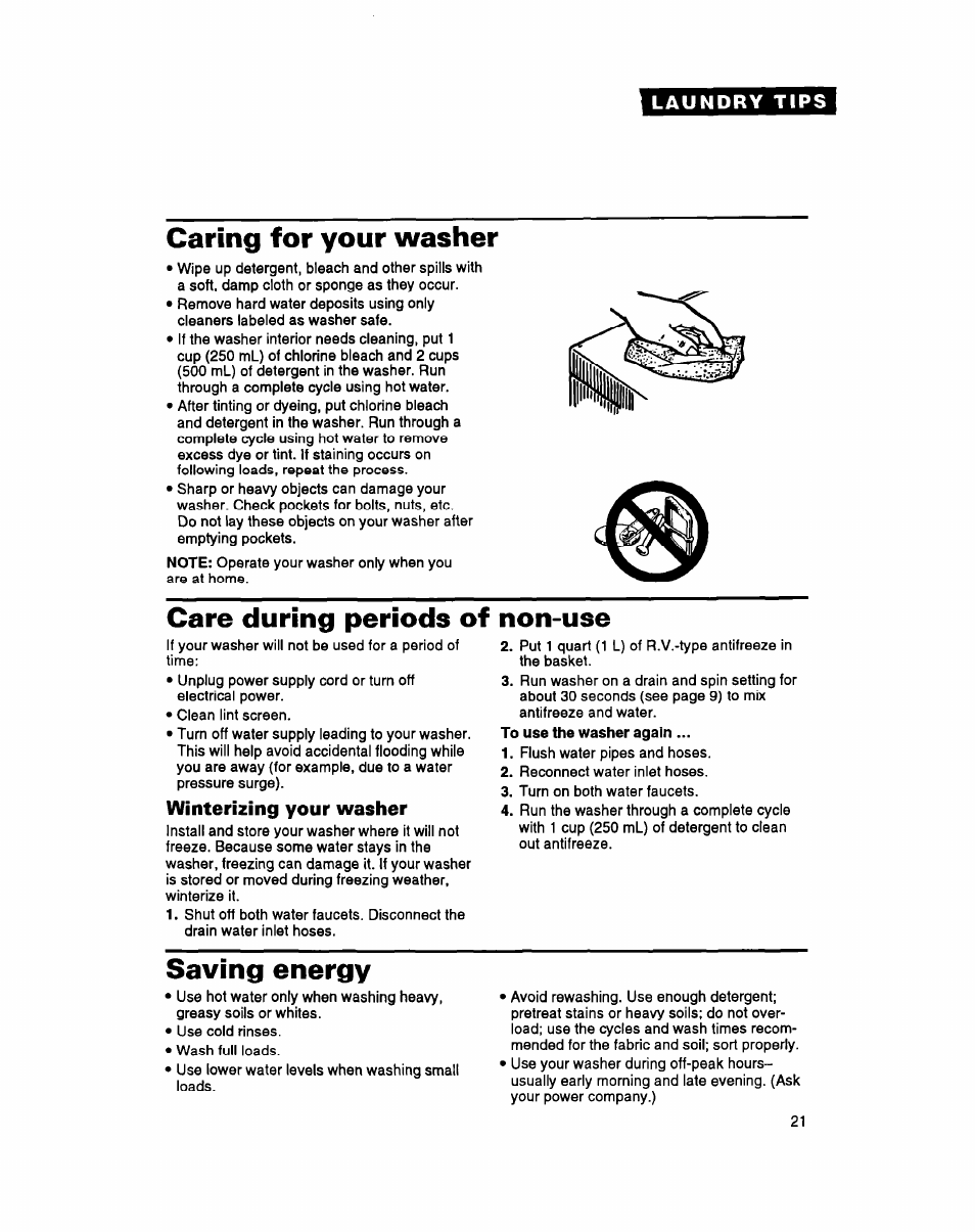 Caring for your washer, Care during periods of non-use, Winterizing your washer | Saving energy | Whirlpool LSS7233AN0 User Manual | Page 21 / 24