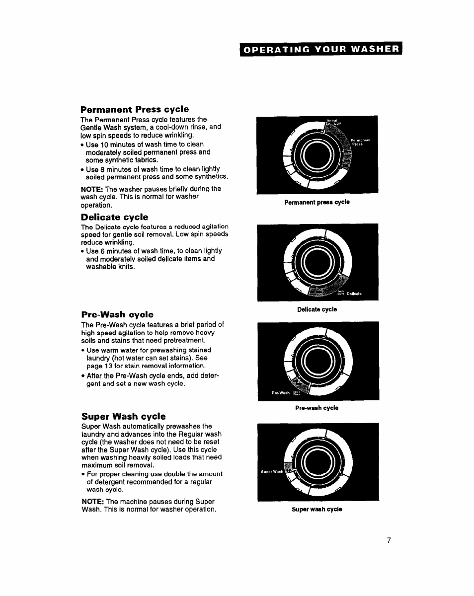 Permanent press cycle, Delicate cycle, Pre-wash cycle | Super wash cycle | Whirlpool LSS7233AN0 User Manual | Page 7 / 24