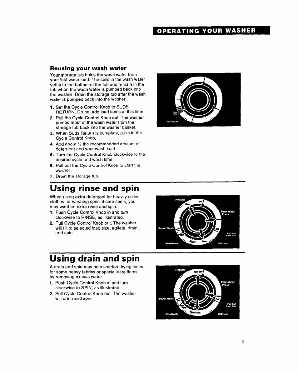 Reusing your wash water, Using rinse and spin, Using drain and spin | Whirlpool LSS7233AN0 User Manual | Page 9 / 24
