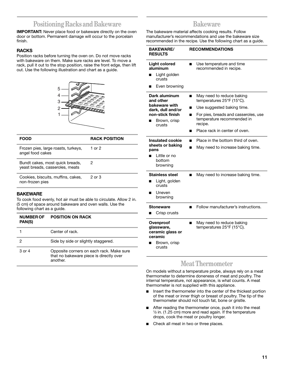 Positioning racks and bakeware, Bakeware, Meat thermometer | Whirlpool F378LXK User Manual | Page 11 / 20