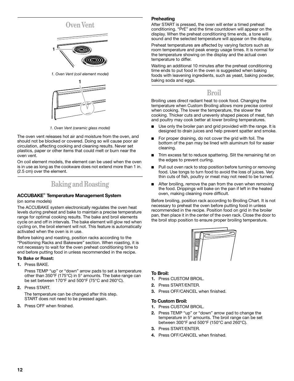Oven vent, Baking and roasting, Broil | Whirlpool F378LXK User Manual | Page 12 / 20