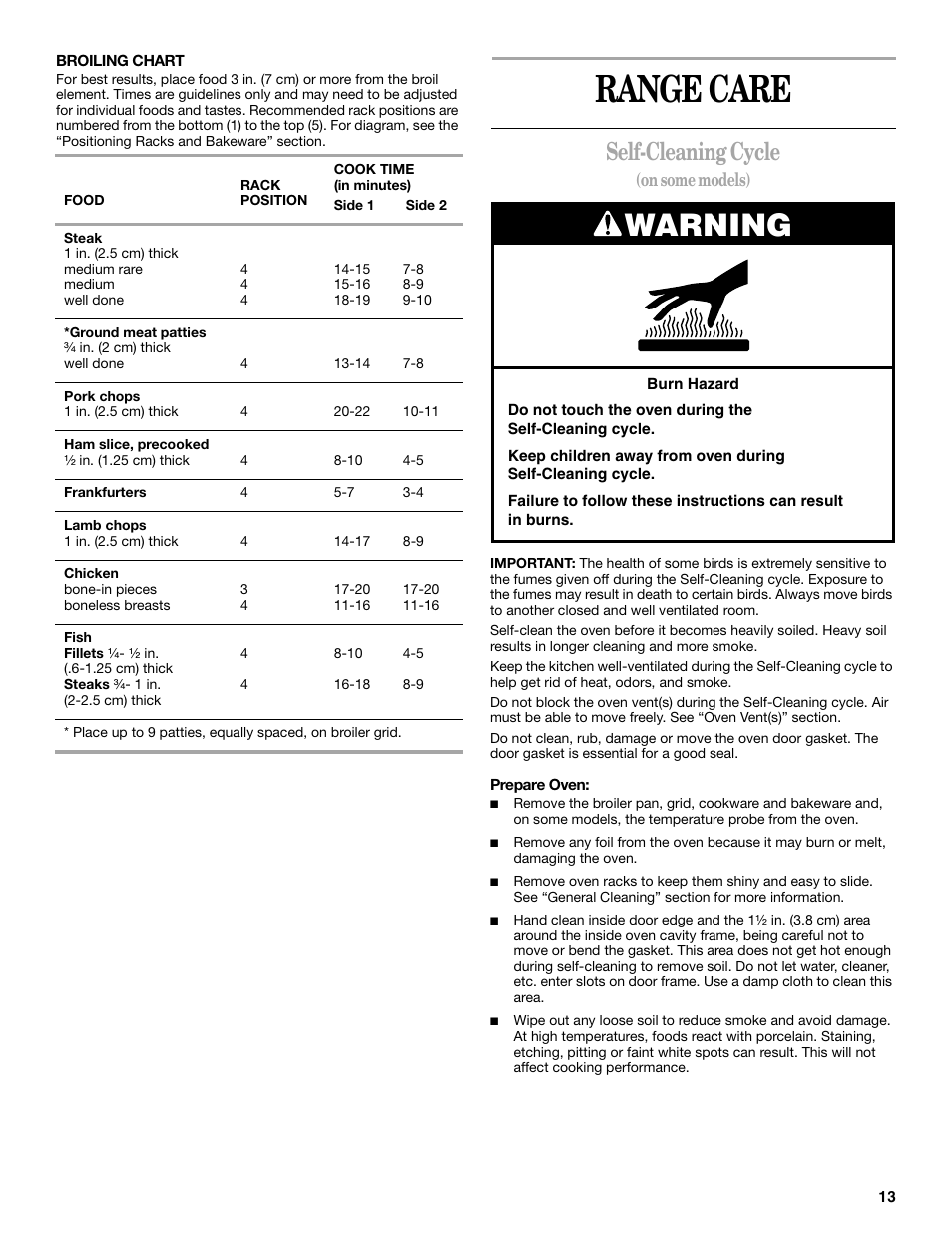 Range care, Warning, Self-cleaning cycle | Whirlpool F378LXK User Manual | Page 13 / 20