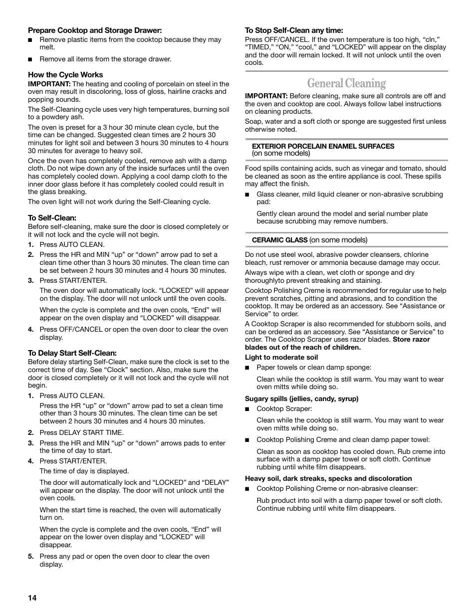 General cleaning | Whirlpool F378LXK User Manual | Page 14 / 20