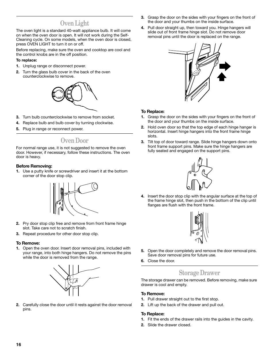 Oven light, Oven door, Storage drawer | Whirlpool F378LXK User Manual | Page 16 / 20