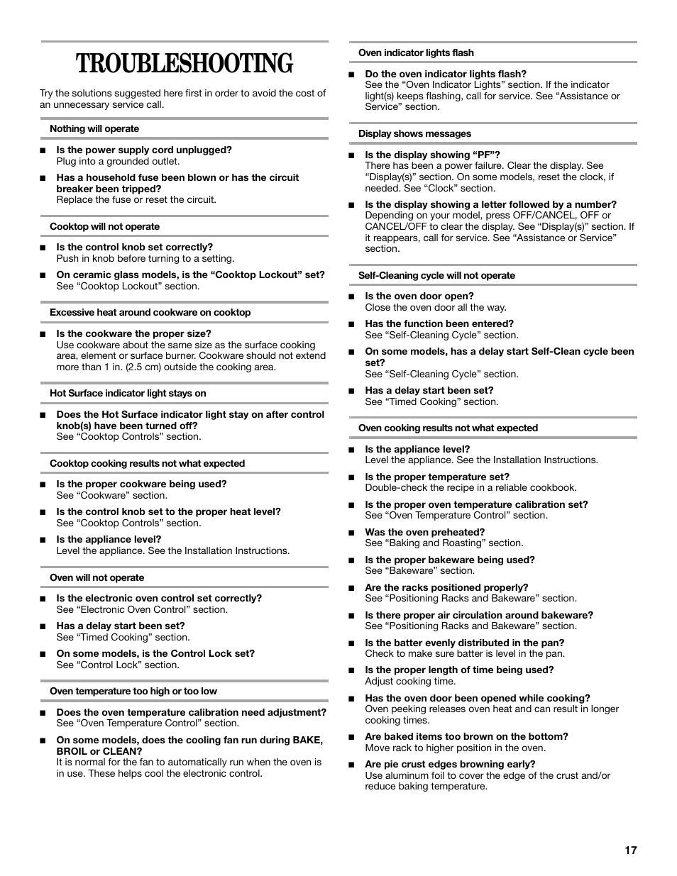 Troubleshooting | Whirlpool F378LXK User Manual | Page 17 / 20