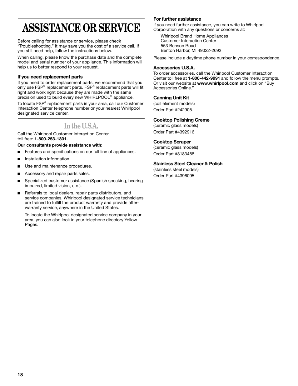 Assistance or service | Whirlpool F378LXK User Manual | Page 18 / 20