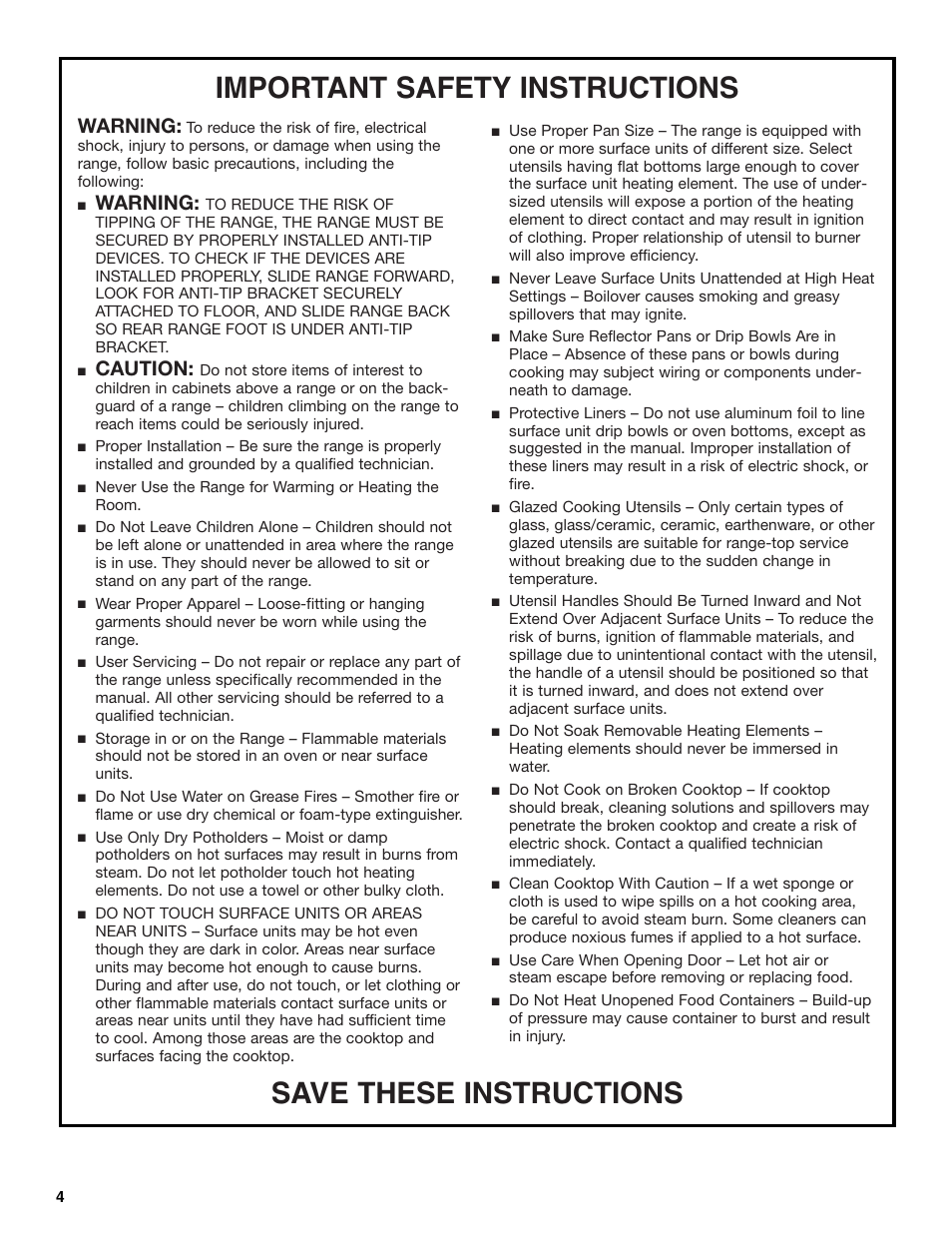 Important safety instructions, Save these instructions, Warning | Caution | Whirlpool F378LXK User Manual | Page 4 / 20