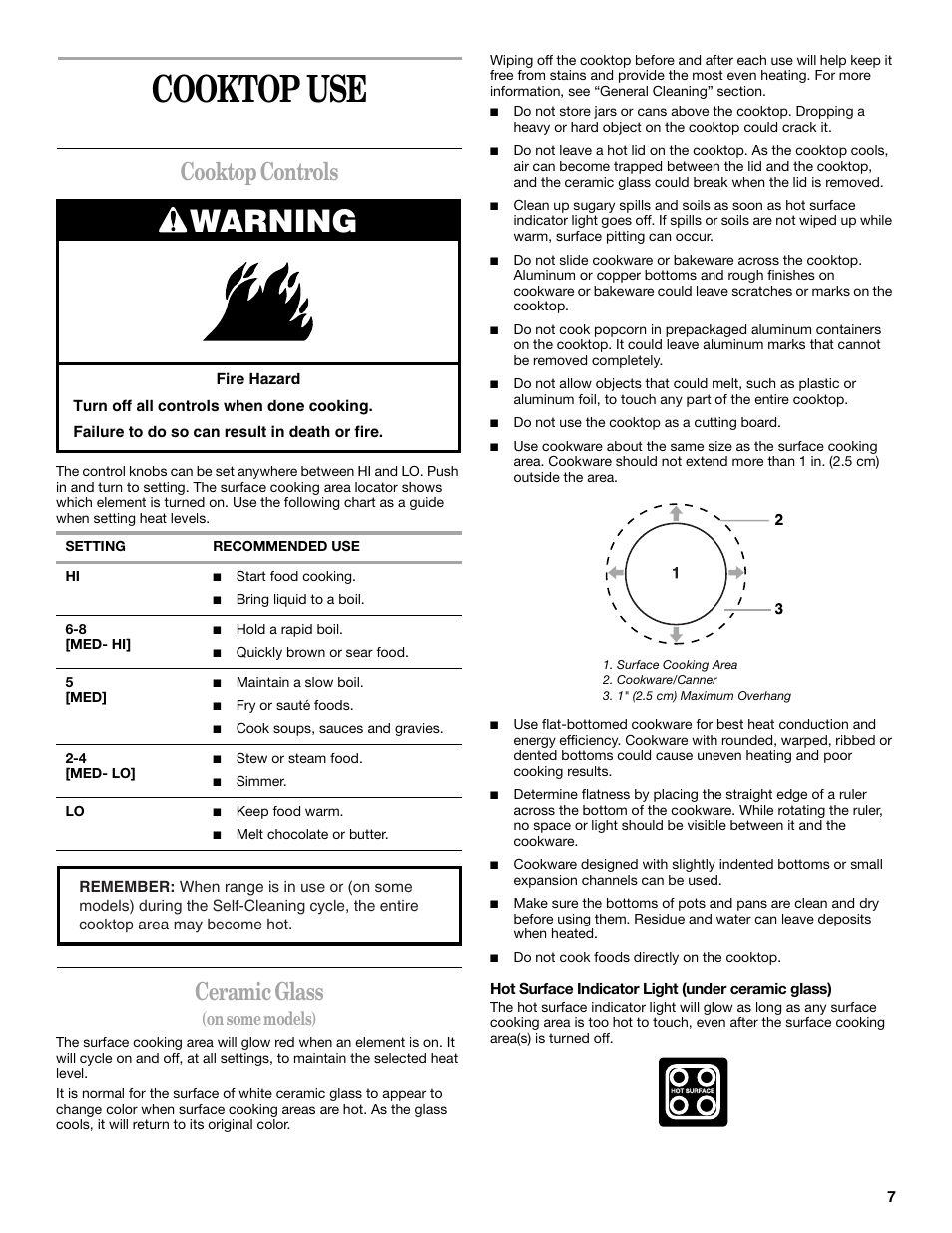 Cooktop use, Warning, Cooktop controls | Ceramic glass, On some models) | Whirlpool F378LXK User Manual | Page 7 / 20