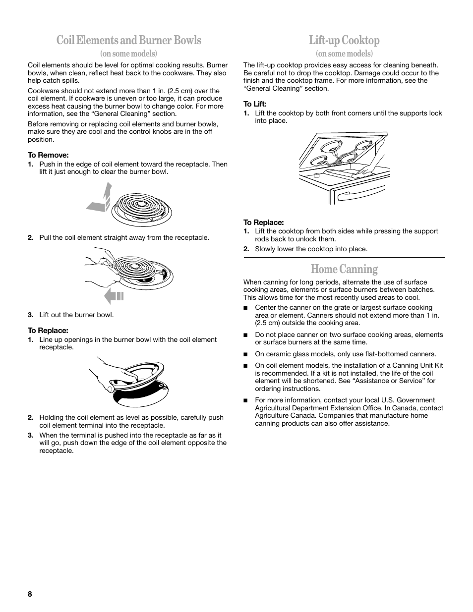 Coil elements and burner bowls, Lift-up cooktop, Home canning | Whirlpool F378LXK User Manual | Page 8 / 20