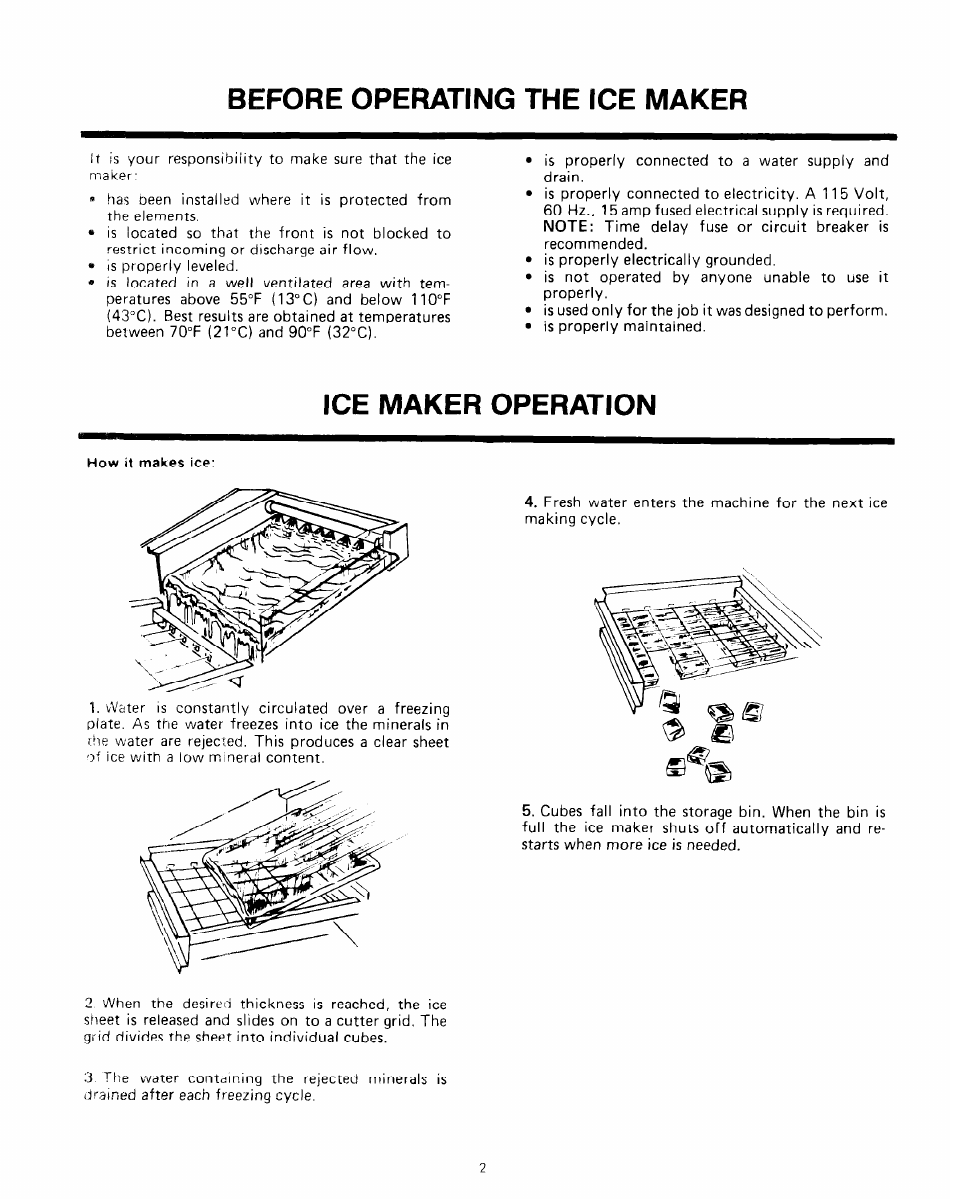 Before operating the ice maker, Ice maker operation | Whirlpool EHC511 User Manual | Page 2 / 8