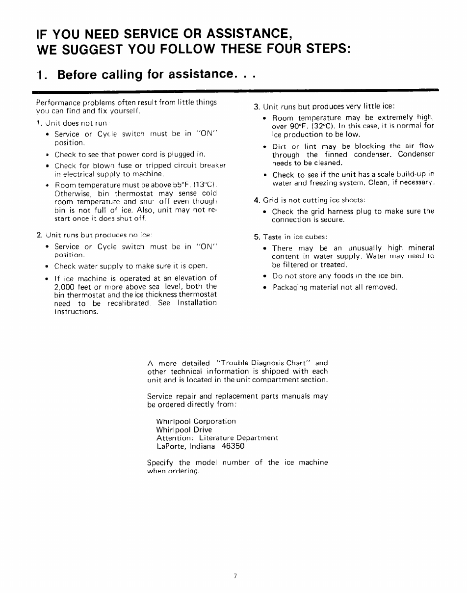 If you need service or assistance, We suggest you follow these four steps, Before calling for assistance | Whirlpool EHC511 User Manual | Page 7 / 8