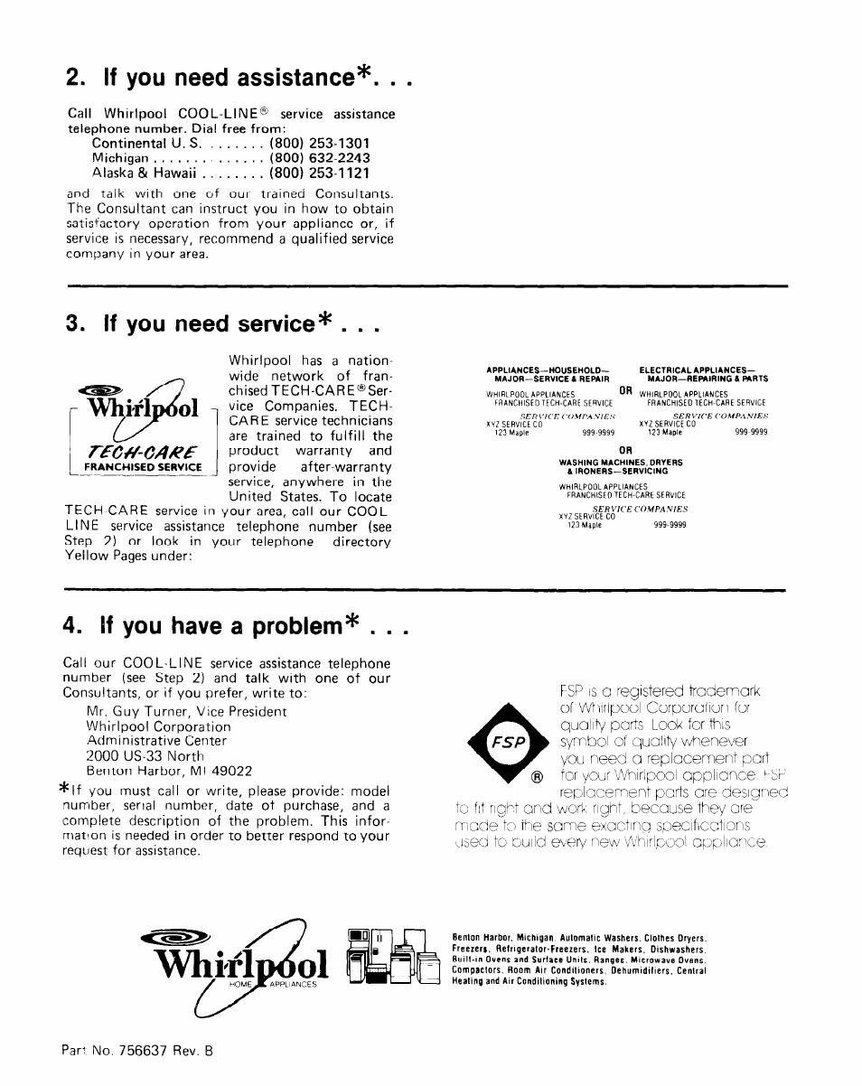 If you need assistance, If you need service, If you have a problem | Vhirip^l, Afvhitlïmîol | Whirlpool EHC511 User Manual | Page 8 / 8