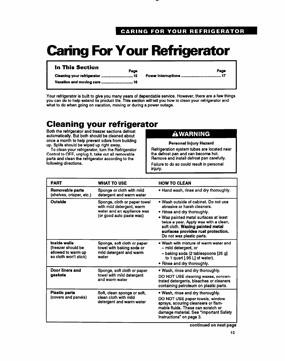 Caring for your refrigerator, Cleaning your refrigerator, Awarning | Whirlpool RT18BK User Manual | Page 15 / 24