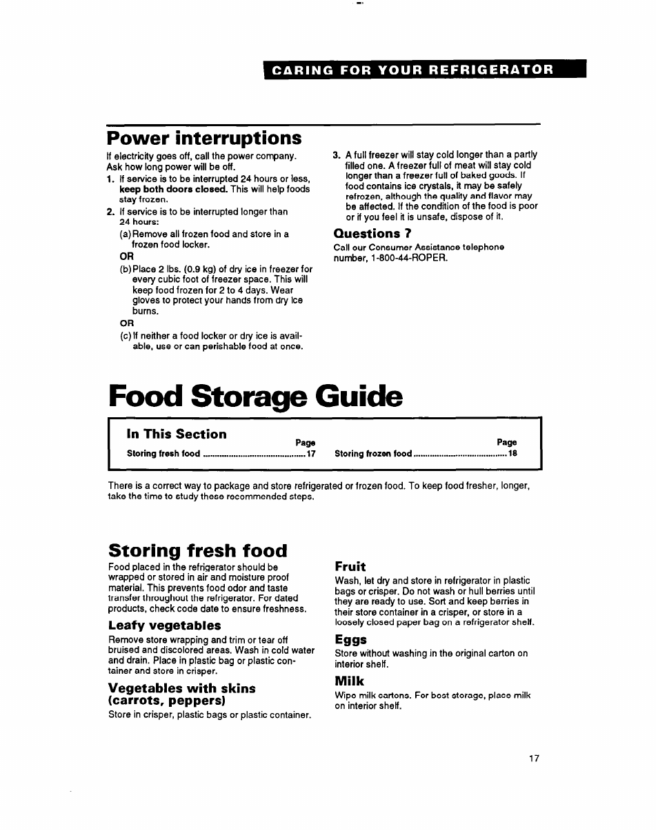 Questions 7, Food storage guide, Leafy vegetables | Vegetables with skins (carrots, peppers), Fruit, Eggs, Milk, Power interruptions, Storing fresh food | Whirlpool RT18BK User Manual | Page 17 / 24