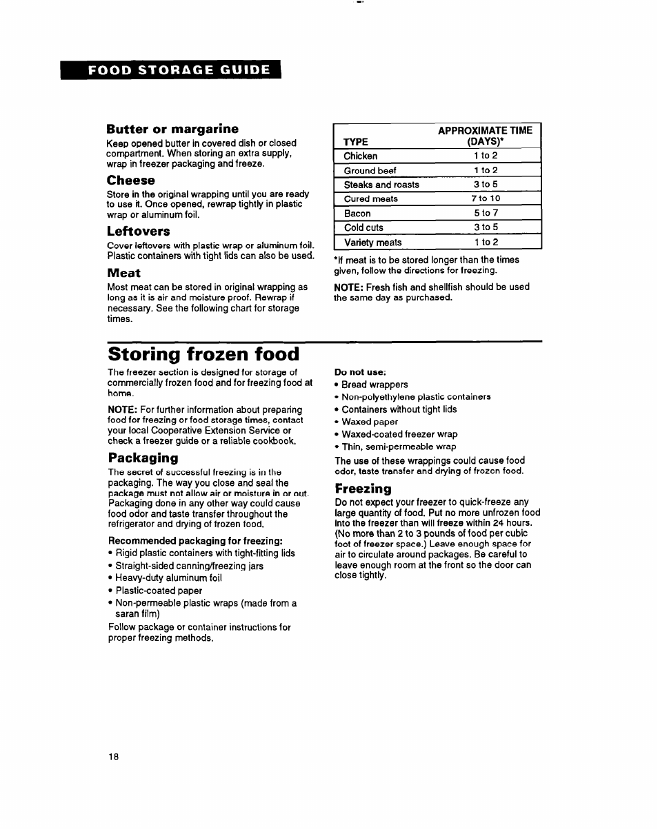 Butter or margarine, Cheese, Leftovers | Meat, Packaging, Freezing, Storing frozen food | Whirlpool RT18BK User Manual | Page 18 / 24