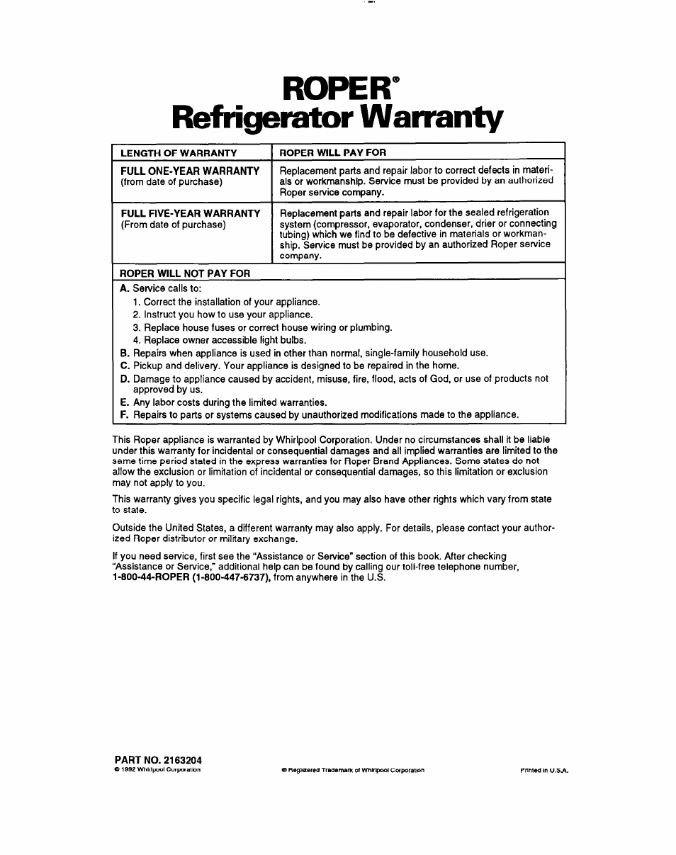 Roper, Refrigerator warranty, Roper* refrigerator warranty | Whirlpool RT18BK User Manual | Page 24 / 24