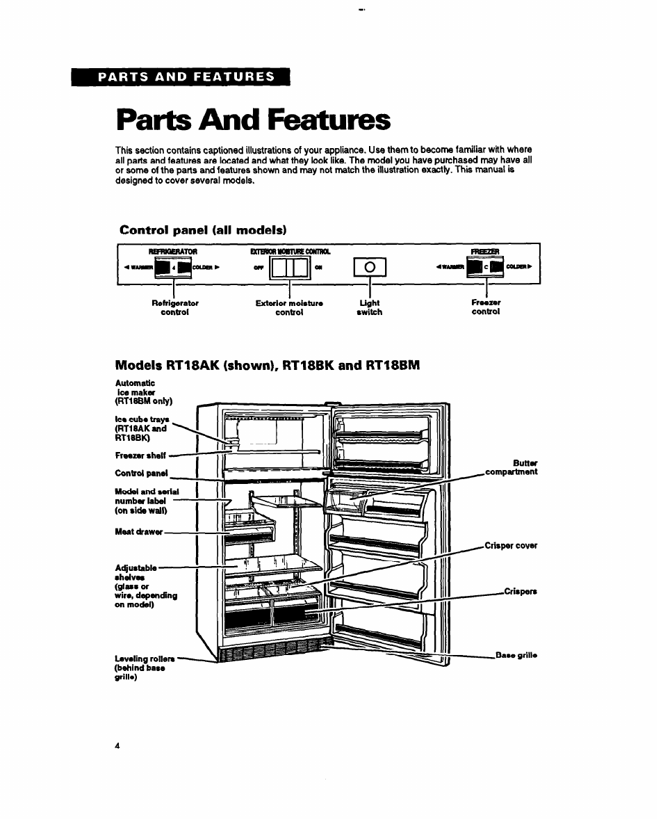 Parts and features | Whirlpool RT18BK User Manual | Page 4 / 24