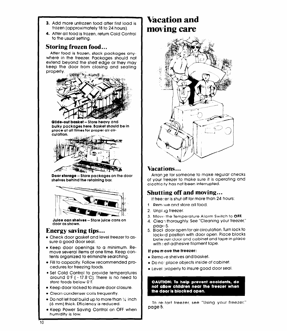 Vacation and moling care, Vacations, Shutting off and moving | Vacation and moving care, Vacations shuttin :) off and moving | Whirlpool EV20VS User Manual | Page 10 / 12