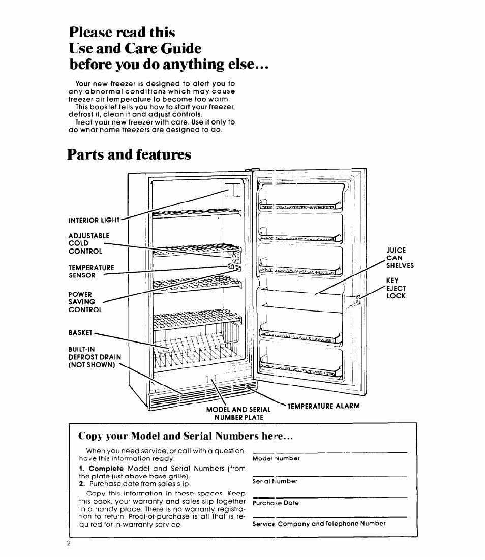 Please read this, Use and care guide, Before you do anything else | Parts and features | Whirlpool EV20VS User Manual | Page 2 / 12