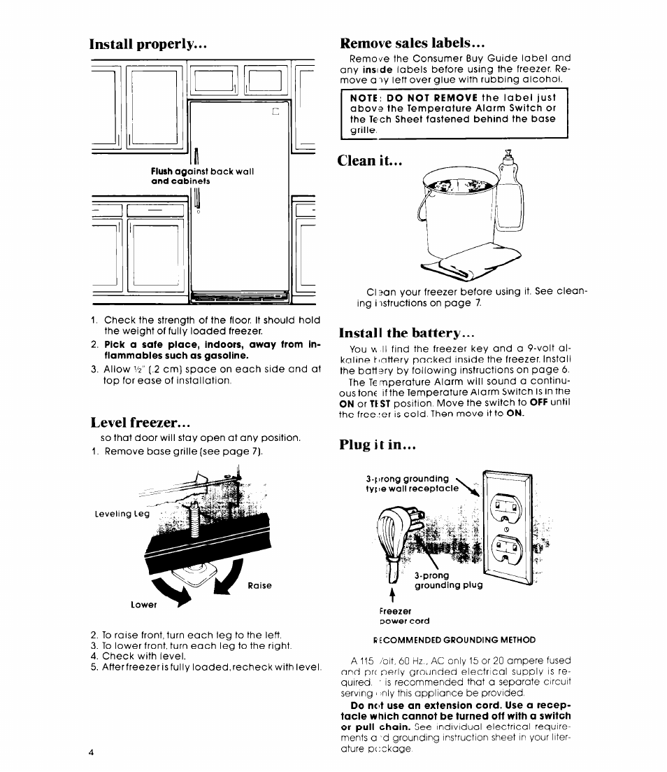 Install properly, Level freezer, Remove sales labels | Install the battery, Plug it in, Install properly level freezer, Install the battery plug it in | Whirlpool EV20VS User Manual | Page 4 / 12