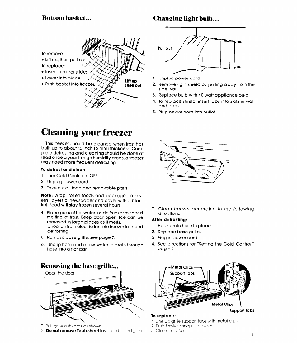 Changing light bulb, Cleaning your freezer, Removing the base grille | Chanc ing light bulb, Remo'/ing the base grille | Whirlpool EV20VS User Manual | Page 7 / 12