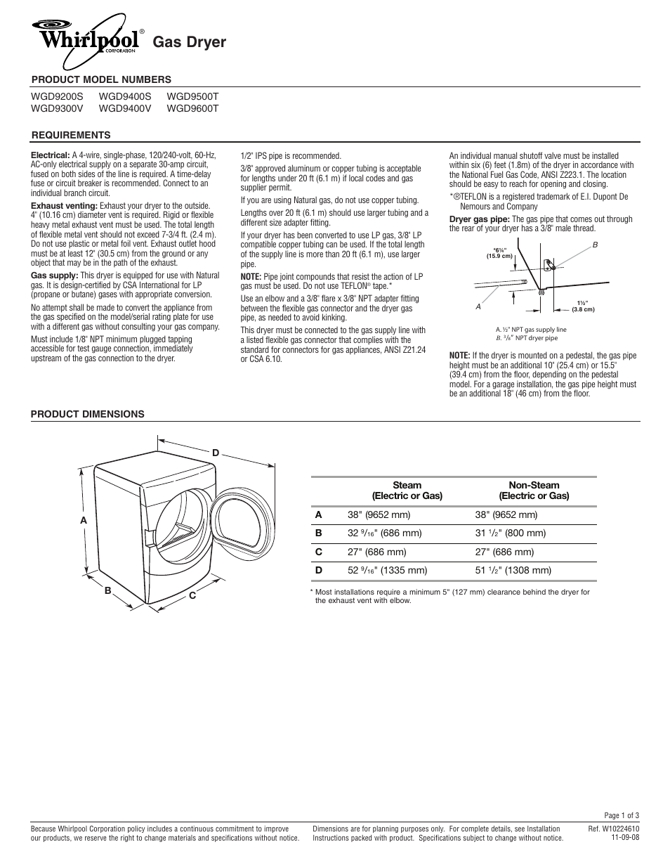 Whirlpool WGD9400V User Manual | 3 pages