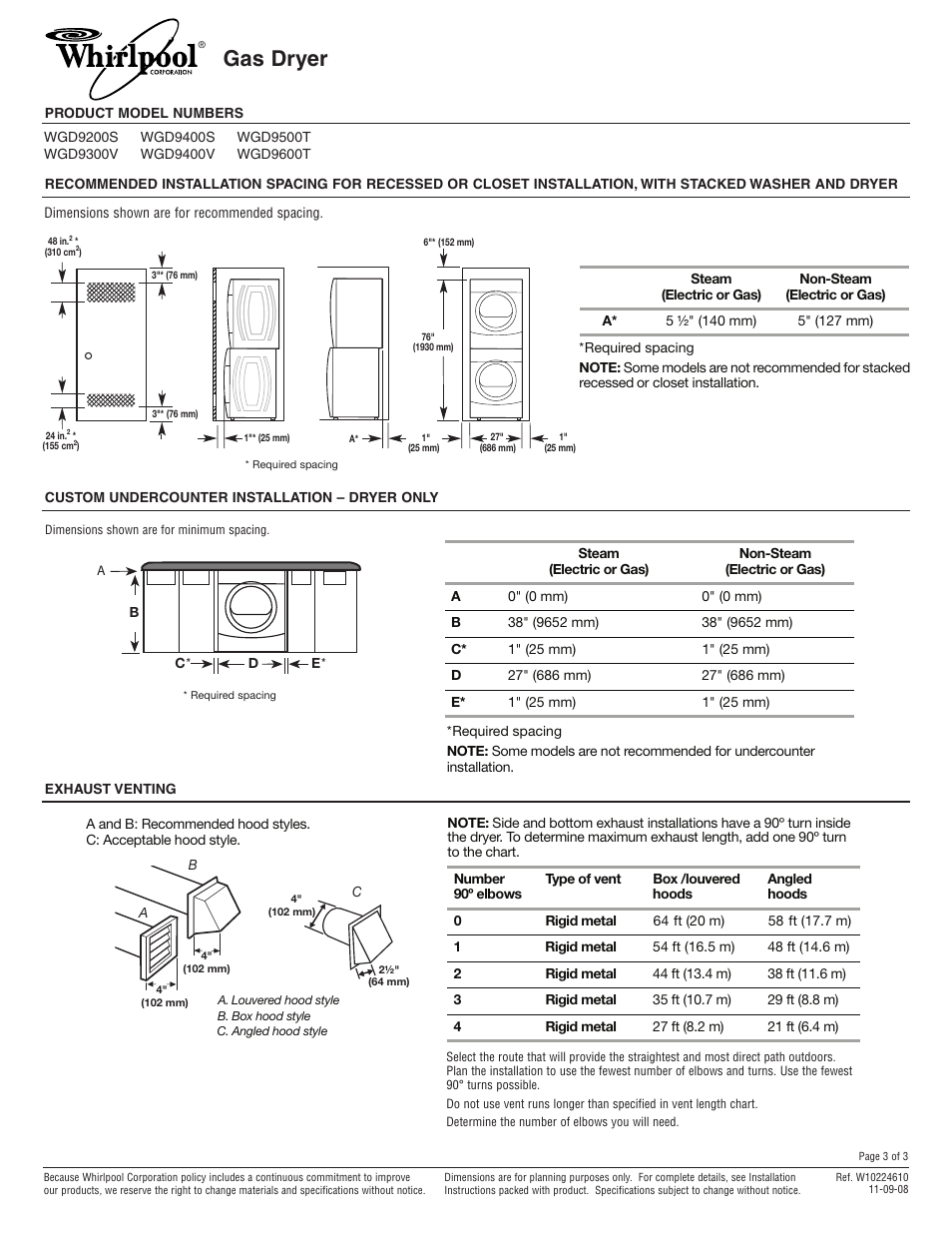 Gas dryer | Whirlpool WGD9400V User Manual | Page 3 / 3