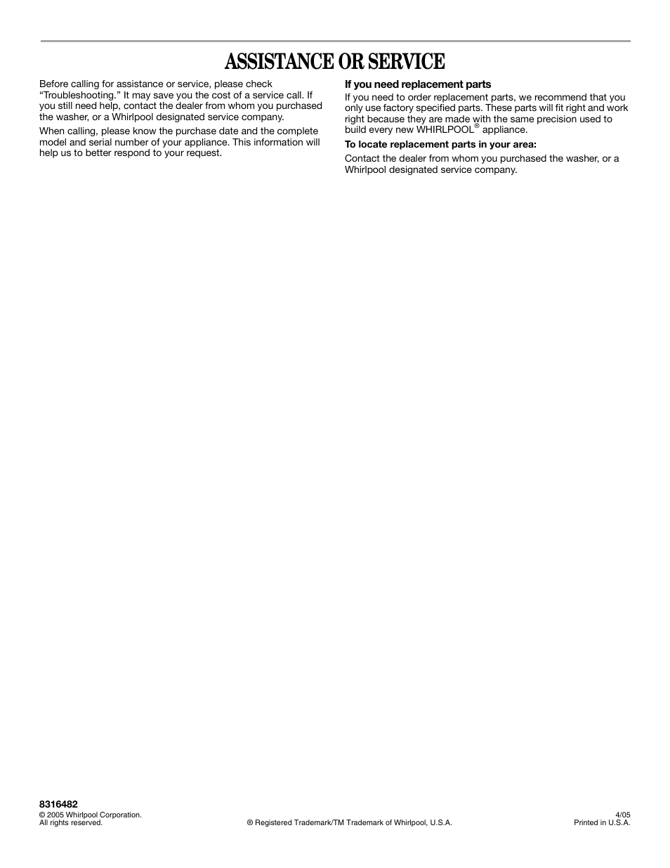 Assistance or service | Whirlpool 3RLSQ8000 User Manual | Page 12 / 12