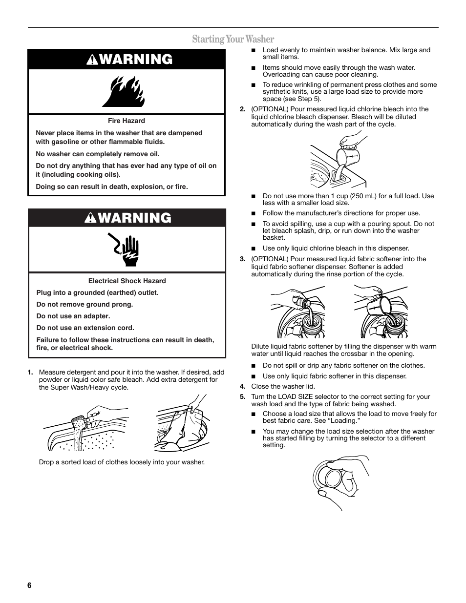 Warning, Starting your washer | Whirlpool 3RLSQ8000 User Manual | Page 6 / 12