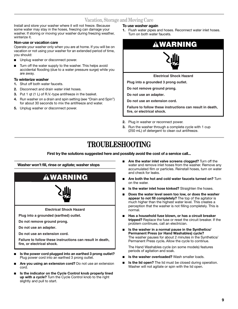 Troubleshooting, Warning, Vacation, storage and moving care | Whirlpool 3RLSQ8000 User Manual | Page 9 / 12