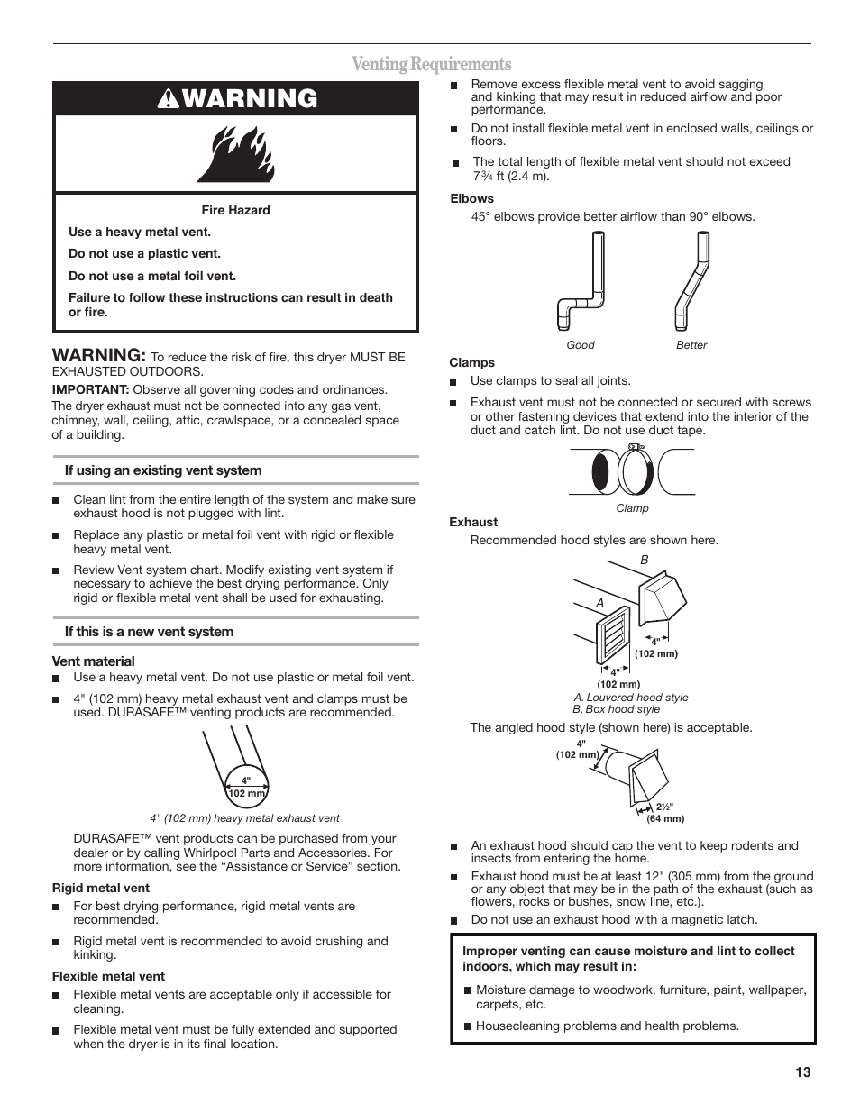 Venting requirements, Warning | Whirlpool DUET SPORT W10151580B User Manual | Page 13 / 28